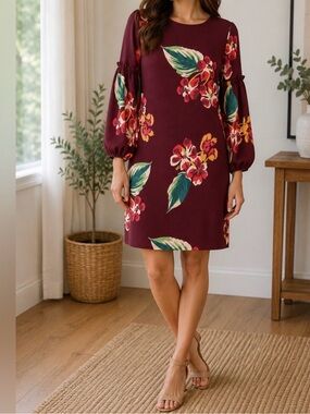 LOFT Burgundy Floral Balloon-Sleeve Mini Dress